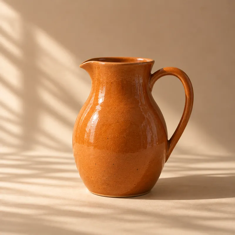 A pitcher in a glossy burnt orange glaze