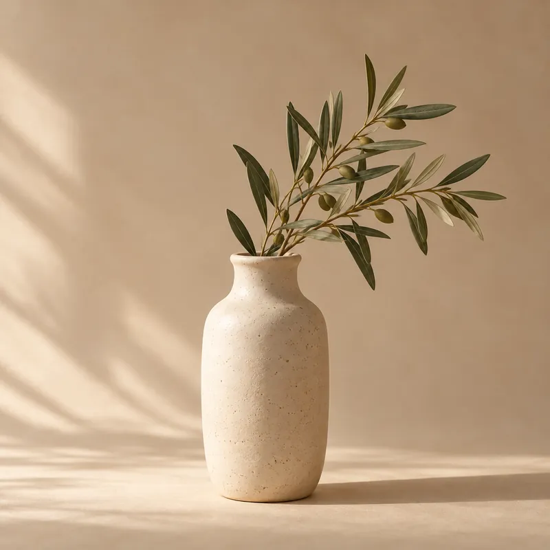 A matte cream vase holding a dried olive branch