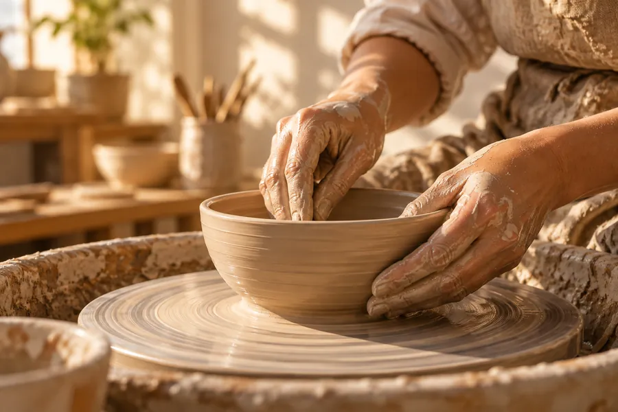 Hands shaping wet clay on a pottery wheel